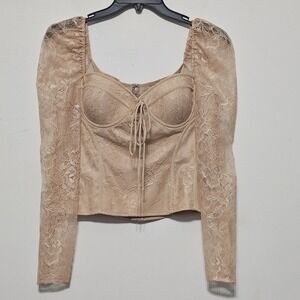 Chelsea & Violet Women's Top Size 4 Brown Sweetheart Long Sleeve Lace Puffed 328